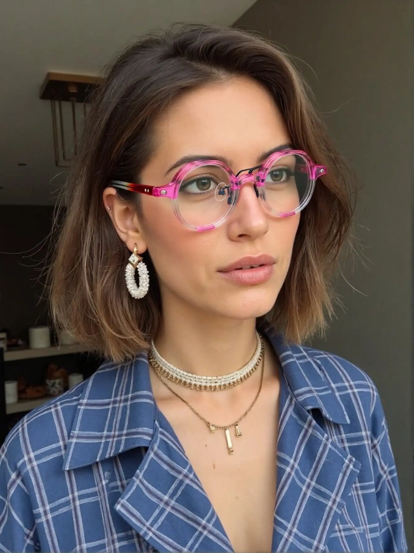 Female model wearing VoyueLens™ VL19244 Rosé Amethyst Glow acetate geometric eyeglasses with niche fashion style